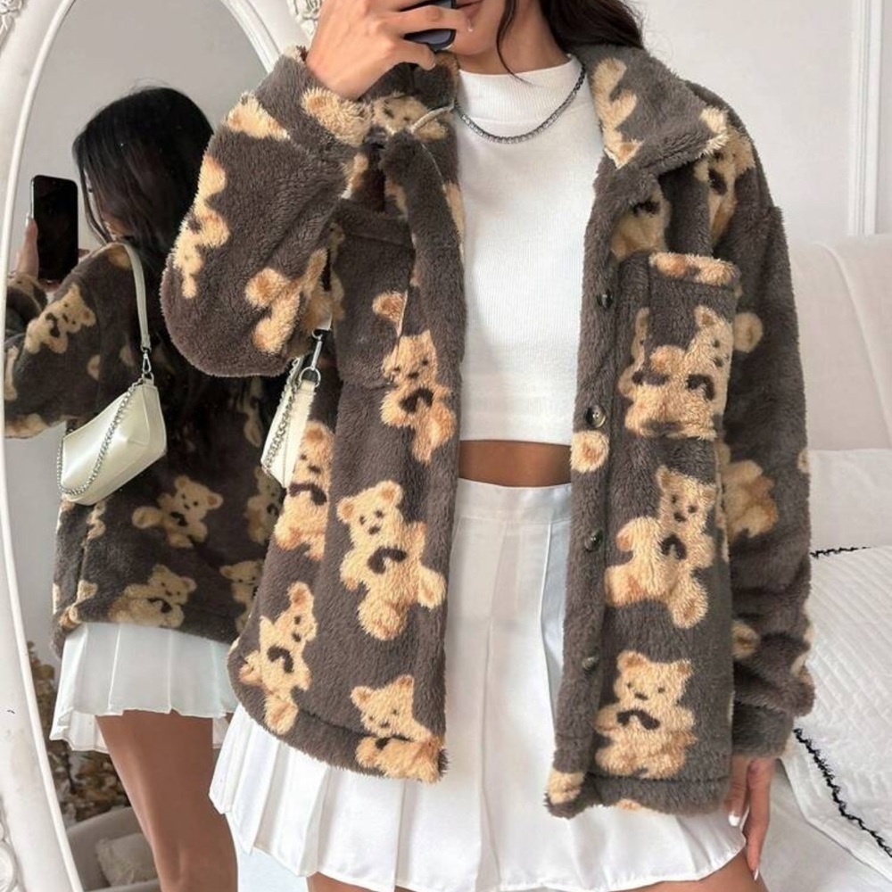 Gorgeous Large Brown Teddy Print Furry Button Down Collared Sweater PC 🖤 - Picture 7 of 16